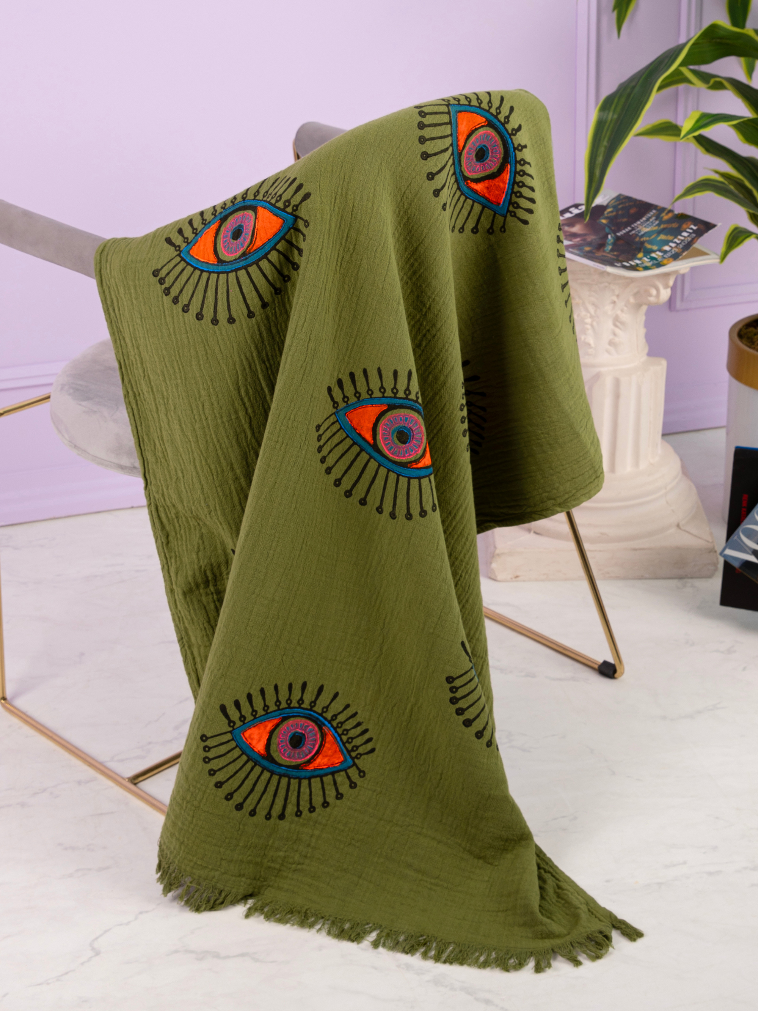 Khaki w/ Orange & Pink Evil Eye Towel( 90cm - 180cm )