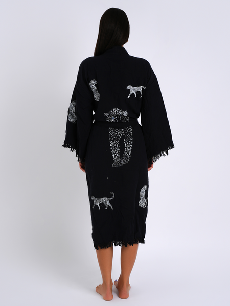 Leopard on Black Kimono Robe