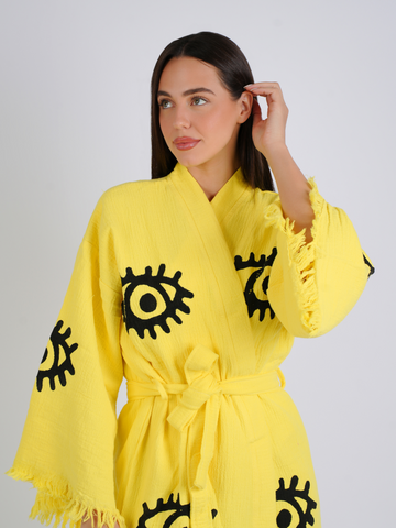 Neon Yellow w/Black Evil Eye Kimono Robe