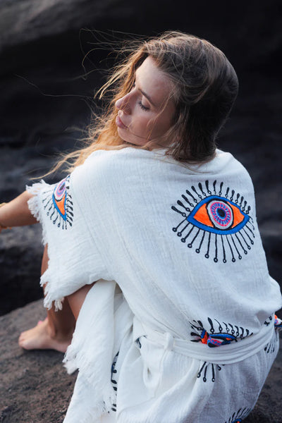 Mini - Bright Orange Evil Eye Kimono Robe